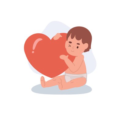 Sevimli bebek oturuyor ve kocaman kırmızı bir kalbe sarılıyor, tatlı bir gülümsemeyle göz kırpıyor.,