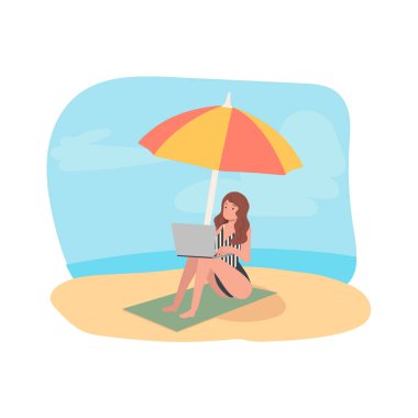 Beach Seaside Summer Lifestyle 'da dizüstü bilgisayarda çalışan Dijital Göçebe Kadın. Uzaktan Çalışan Serbest Kadın