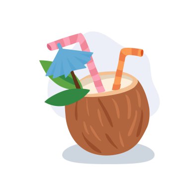 Tropikal Hindistan Cevizi İçeceği İllüstrasyon Taze Hindistan Cevizi Kokteyli Saman ve Şemsiye Yaz Sahil İçeceği Konsepti