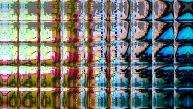 Üç boyutlu illüstrasyon. Dijital efektler. Neon parıltısı. Simetri ve yansıma. Şenlik dekorasyonu. Bulanık arkaplan.