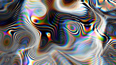 Üç boyutlu illüstrasyon. Dijital efektler. Neon parıltısı. Simetri ve yansıma. Şenlik dekorasyonu. Bulanık arkaplan.