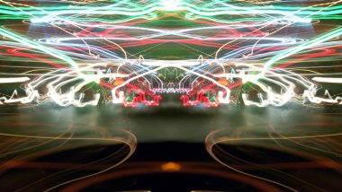 Işık efektleri. Neon parıltısı. Simetri ve yansıma. Şenlik dekorasyonu. Bulanık arkaplan. Parlak doku. Parlak desen.