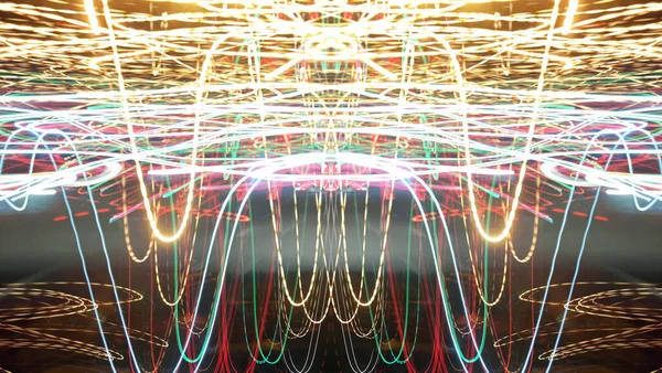 Světelné Efekty Neonová Záře Symetrie Odraz Slavnostní Dekorace Abstraktní Rozmazané — Stock fotografie