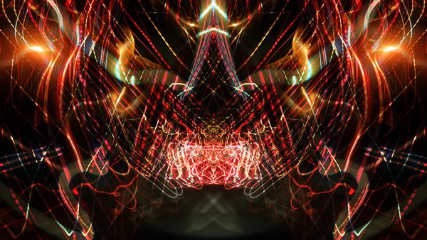 Fényhatások Neon Ragyogás Szimmetria Tükröződés Ünnepi Dekoráció Absztrakt Homályos Háttér — Stock Fotó