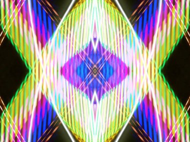 Dijital efektler. Neon parıltısı. Simetri ve yansıma. Şenlik dekorasyonu. Bulanık arkaplan. Renkli desen. Poster, broşür, el ilanı ve kart için yaratıcı grafik tasarımı. Benzersiz duvar kağıdı.