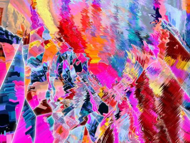 Dijital efektler. Neon parıltısı. Simetri ve yansıma. Şenlik dekorasyonu. Bulanık arkaplan.