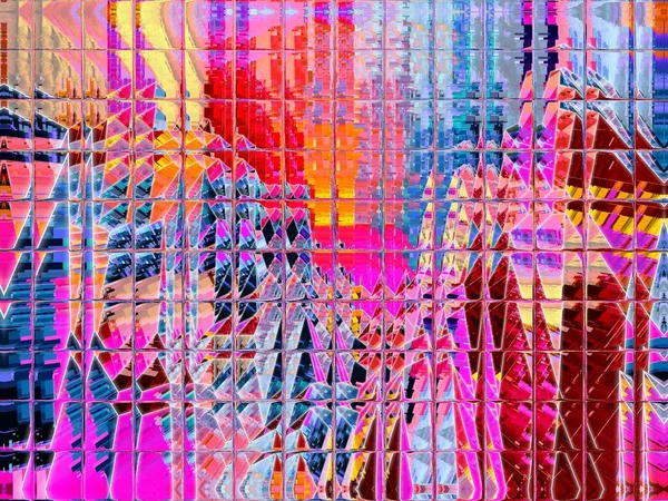 Dijital efektler. Neon parıltısı. Simetri ve yansıma. Şenlik dekorasyonu. Bulanık arkaplan.