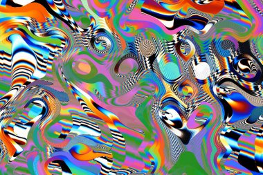 Dijital efektler. Geometrik soyut arkaplan. Renkli desen. Benzersiz bir doku. Şenlik dekorasyonu. Poster, broşür, el ilanı ve kart için yaratıcı grafik tasarımı. Ağ, kumaş ve örtü için arkaplan.