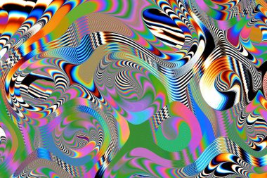 Dijital efektler. Geometrik soyut arkaplan. Renkli desen. Benzersiz bir doku. Şenlik dekorasyonu. Poster, broşür, el ilanı ve kart için yaratıcı grafik tasarımı. Ağ, kumaş ve örtü için arkaplan.