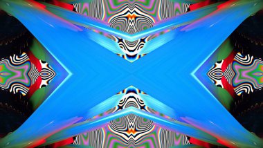 Dijital efektler. Neon parıltısı. Simetri ve yansıma. Şenlik dekorasyonu. Bulanık arkaplan. Renkli desen. Poster, broşür, el ilanı ve kart için yaratıcı grafik tasarımı. Benzersiz duvar kağıdı.