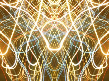 Hafif boya. Neon parıltısı. Simetri ve yansıma. Şenlik dekorasyonu. Bulanık arkaplan. Parlak doku. Parlak desen. Poster, broşür, el ilanı ve kart için yaratıcı grafik tasarımı. Ağ, kumaş ve örtü için arkaplan.