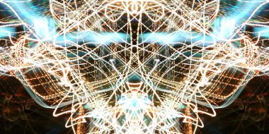 Işık efektleri. Neon parıltısı. Simetri ve yansıma. Şenlik dekorasyonu. Bulanık arkaplan. Parlak doku. Parlak desen. Poster, broşür, el ilanı ve kart için yaratıcı grafik tasarımı. Ağ, kumaş ve örtü için arkaplan.