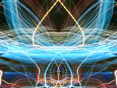 Hafif boya. Neon parıltısı. Simetri ve yansıma. Şenlik dekorasyonu. Bulanık arkaplan. Parlak doku. Parlak desen. Poster, broşür, el ilanı ve kart için yaratıcı grafik tasarımı. Ağ, kumaş ve örtü için arkaplan.