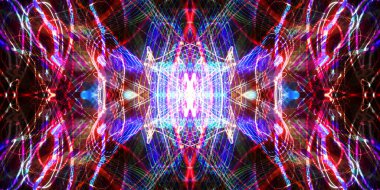 Hafif boya. Neon parıltısı. Simetri ve yansıma. Şenlik dekorasyonu. Bulanık arkaplan. Parlak doku. Parlak desen. Poster, broşür, el ilanı ve kart için yaratıcı grafik tasarımı. Ağ, kumaş ve örtü için arkaplan.