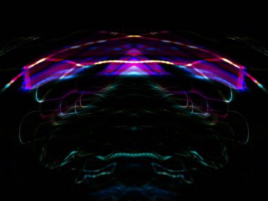 Hafif boya. Neon parıltısı. Simetri ve yansıma. Şenlik dekorasyonu. Bulanık arkaplan. Parlak doku. Parlak desen. Poster, broşür, el ilanı ve kart için yaratıcı grafik tasarımı. Ağ, kumaş ve örtü için arkaplan.