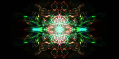 Hafif boya. Neon parıltısı. Simetri ve yansıma. Şenlik dekorasyonu. Bulanık arkaplan. Parlak doku. Parlak desen. Poster, broşür, el ilanı ve kart için yaratıcı grafik tasarımı. Ağ, kumaş ve örtü için arkaplan.