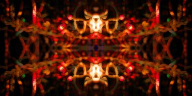 Hafif boya. Neon parıltısı. Simetri ve yansıma. Şenlik dekorasyonu. Bulanık arkaplan. Parlak doku. Parlak desen. Poster, broşür, el ilanı ve kart için yaratıcı grafik tasarımı. Ağ, kumaş ve örtü için arkaplan.