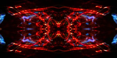 Hafif boya. Neon parıltısı. Simetri ve yansıma. Şenlik dekorasyonu. Bulanık arkaplan. Parlak doku. Parlak desen. Poster, broşür, el ilanı ve kart için yaratıcı grafik tasarımı. Ağ, kumaş ve örtü için arkaplan.