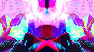 Arıza etkisi. Dijital gürültü. Simetri ve yansıma. Bulanık arkaplan. Çok renkli desenli. Poster, broşür, el ilanı ve kart için yaratıcı grafik tasarımı. Ağ, kumaş ve örtü için arkaplan.