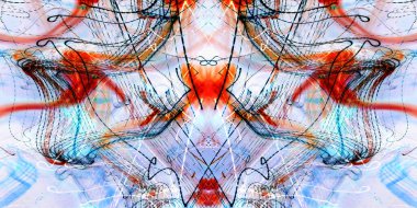 Hafif boya. Neon parıltısı. Simetri ve yansıma. Şenlik dekorasyonu. Bulanık arkaplan. Parlak doku. Parlak desen. Poster, broşür, el ilanı ve kart için yaratıcı grafik tasarımı. Ağ, kumaş ve örtü için arkaplan.