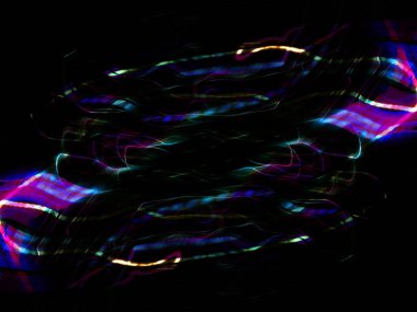 Hafif boya. Neon parıltısı. Simetri ve yansıma. Şenlik dekorasyonu. Bulanık arkaplan. Parlak doku. Parlak desen. Poster, broşür, el ilanı ve kart için yaratıcı grafik tasarımı. Ağ, kumaş ve örtü için arkaplan.