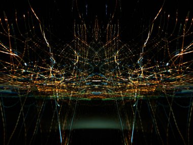 Hafif boya. Neon parıltısı. Simetri ve yansıma. Şenlik dekorasyonu. Bulanık arkaplan. Parlak doku. Parlak desen. Poster, broşür, el ilanı ve kart için yaratıcı grafik tasarımı. Ağ, kumaş ve örtü için arkaplan.