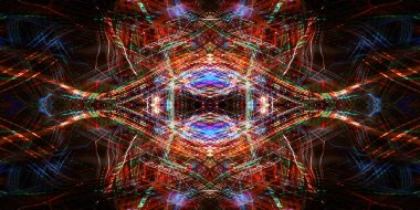 Hafif boya. Neon parıltısı. Simetri ve yansıma. Şenlik dekorasyonu. Bulanık arkaplan. Parlak doku. Parlak desen. Poster, broşür, el ilanı ve kart için yaratıcı grafik tasarımı. Ağ, kumaş ve örtü için arkaplan.