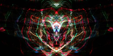 Işık efektleri. Neon parıltısı. Simetri ve yansıma. Şenlik dekorasyonu. Bulanık arkaplan. Parlak doku. Parlak desen. Poster, broşür, el ilanı ve kart için yaratıcı grafik tasarımı. Ağ, kumaş ve örtü için arkaplan.