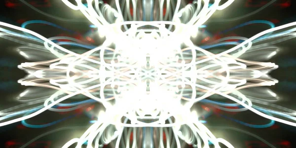 Hafif boya. Neon parıltısı. Simetri ve yansıma. Şenlik dekorasyonu. Bulanık arkaplan. Parlak doku. Parlak desen. Poster, broşür, el ilanı ve kart için yaratıcı grafik tasarımı. Ağ, kumaş ve örtü için arkaplan.