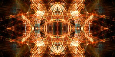 Hafif boya. Neon parıltısı. Simetri ve yansıma. Şenlik dekorasyonu. Bulanık arkaplan. Parlak doku. Parlak desen. Poster, broşür, el ilanı ve kart için yaratıcı grafik tasarımı. Ağ, kumaş ve örtü için arkaplan.