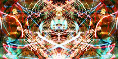 Hafif boya. Neon parıltısı. Simetri ve yansıma. Şenlik dekorasyonu. Bulanık arkaplan. Parlak doku. Parlak desen.