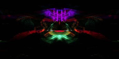 Işık efektleri. Neon parıltısı. Simetri ve yansıma. Şenlik dekorasyonu. Bulanık arkaplan. Parlak doku. Parlak desen. Poster, broşür, el ilanı ve kart için yaratıcı grafik tasarımı. Ağ, kumaş ve örtü için arkaplan.