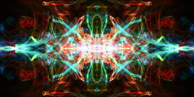 Hafif boya. Neon parıltısı. Simetri ve yansıma. Şenlik dekorasyonu. Bulanık arkaplan. Parlak doku. Parlak desen. Poster, broşür, el ilanı ve kart için yaratıcı grafik tasarımı. Ağ, kumaş ve örtü için arkaplan.