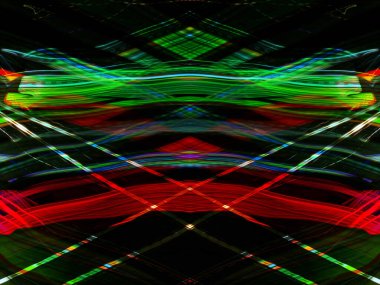 Hafif boya. Neon parıltısı. Simetri ve yansıma. Şenlik dekorasyonu. Bulanık arkaplan. Parlak doku. Parlak desen. Poster, broşür, el ilanı ve kart için yaratıcı grafik tasarımı. Ağ, kumaş ve örtü için arkaplan.