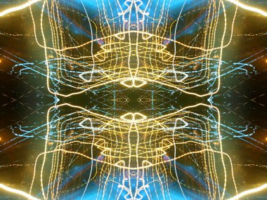 Hafif boya. Neon parıltısı. Simetri ve yansıma. Şenlik dekorasyonu. Bulanık arkaplan. Parlak doku. Parlak desen. Poster, broşür, el ilanı ve kart için yaratıcı grafik tasarımı. Ağ, kumaş ve örtü için arkaplan.