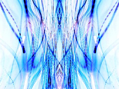 Hafif boya. Neon parıltısı. Simetri ve yansıma. Şenlik dekorasyonu. Bulanık arkaplan. Parlak doku. Parlak desen. Poster, broşür, el ilanı ve kart için yaratıcı grafik tasarımı. Ağ, kumaş ve örtü için arkaplan.