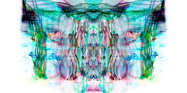 Hafif boya. Neon parıltısı. Simetri ve yansıma. Şenlik dekorasyonu. Bulanık arkaplan. Parlak doku. Parlak desen. Poster, broşür, el ilanı ve kart için yaratıcı grafik tasarımı. Ağ, kumaş ve örtü için arkaplan.