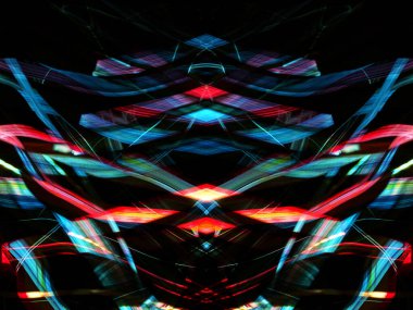 Hafif boya. Neon parıltısı. Simetri ve yansıma. Şenlik dekorasyonu. Bulanık arkaplan. Parlak doku. Parlak desen. Poster, broşür, el ilanı ve kart için yaratıcı grafik tasarımı. Ağ, kumaş ve örtü için arkaplan.