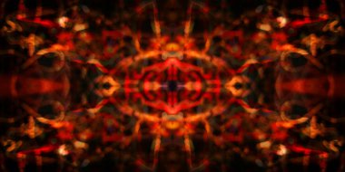 Hafif boya. Neon parıltısı. Simetri ve yansıma. Şenlik dekorasyonu. Bulanık arkaplan. Parlak doku. Parlak desen. Poster, broşür, el ilanı ve kart için yaratıcı grafik tasarımı. Ağ, kumaş ve örtü için arkaplan.