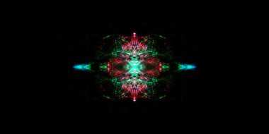 Hafif boya. Neon parıltısı. Simetri ve yansıma. Şenlik dekorasyonu. Bulanık arkaplan. Parlak doku. Parlak desen. Poster, broşür, el ilanı ve kart için yaratıcı grafik tasarımı. Ağ, kumaş ve örtü için arkaplan.