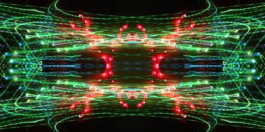 Hafif boya. Neon parıltısı. Simetri ve yansıma. Şenlik dekorasyonu. Bulanık arkaplan. Parlak doku. Parlak desen. Poster, broşür, el ilanı ve kart için yaratıcı grafik tasarımı. Ağ, kumaş ve örtü için arkaplan.