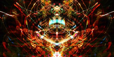 Hafif boya. Neon parıltısı. Simetri ve yansıma. Şenlik dekorasyonu. Bulanık arkaplan. Parlak doku. Parlak desen.