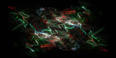 Hafif boya. Neon parıltısı. Simetri ve yansıma. Şenlik dekorasyonu. Bulanık arkaplan. Parlak doku. Parlak desen. Poster, broşür, el ilanı ve kart için yaratıcı grafik tasarımı. Ağ, kumaş ve örtü için arkaplan.