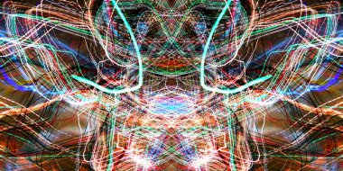 Hafif boya. Neon parıltısı. Simetri ve yansıma. Şenlik dekorasyonu. Bulanık arkaplan. Parlak doku. Parlak desen.