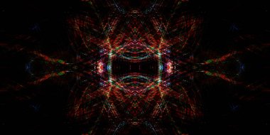 Hafif boya. Neon parıltısı. Simetri ve yansıma. Şenlik dekorasyonu. Bulanık arkaplan. Parlak doku. Parlak desen. Poster, broşür, el ilanı ve kart için yaratıcı grafik tasarımı. Ağ, kumaş ve örtü için arkaplan.