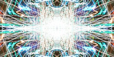 Hafif boya. Neon parıltısı. Simetri ve yansıma. Şenlik dekorasyonu. Bulanık arkaplan. Parlak doku. Parlak desen. Poster, broşür, el ilanı ve kart için yaratıcı grafik tasarımı. Ağ, kumaş ve örtü için arkaplan.