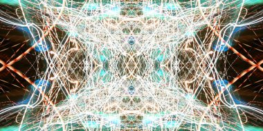 Hafif boya. Neon parıltısı. Simetri ve yansıma. Şenlik dekorasyonu. Bulanık arkaplan. Parlak doku. Parlak desen. Poster, broşür, el ilanı ve kart için yaratıcı grafik tasarımı. Ağ, kumaş ve örtü için arkaplan.