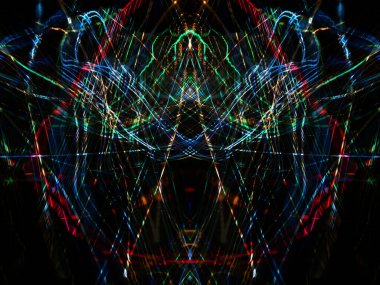 Hafif boya. Neon parıltısı. Simetri ve yansıma. Şenlik dekorasyonu. Bulanık arkaplan. Parlak doku. Parlak desen. Poster, broşür, el ilanı ve kart için yaratıcı grafik tasarımı. Ağ, kumaş ve örtü için arkaplan.