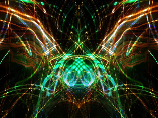 Light painting. Neon glow. Symmetry and reflection. Festive decoration. Abstract blurred background. Glowing texture. Shining pattern. Creative graphic design for poster, brochure, flyer and card. Backdrop for web, fabric and cover.