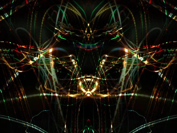 Light painting. Neon glow. Symmetry and reflection. Festive decoration. Abstract blurred background. Glowing texture. Shining pattern. Creative graphic design for poster, brochure, flyer and card. Backdrop for web, fabric and cover.